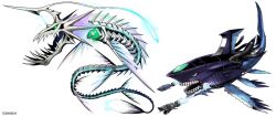 Rule 34 | animal skeleton, cyborg, digimon, digimon (creature), fins, green eyes, horns, missile, official art, sea serpent, shark, sharkmon, sharp teeth, simple background, single horn, skullseadramon, teeth, white background