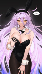 1girl absurdres animal_ears bare_shoulders black_background black_leotard black_pantyhose blush breasts character_request dungeon_and_fighter fake_animal_ears grabbing_own_breast highres large_breasts leotard long_hair looking_at_viewer pantyhose pink_hair playboy_bunny purple_hair rabbit_ears roan_green simple_background solo symbol-shaped_pupils wrist_cuffs yellow_eyes