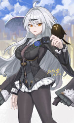 1girl absurdres ahoge bird bird_on_hand black_jacket black_pantyhose blue_sky breasts cloud commentary_request dated highres jacket large_breasts long_hair official_alternate_costume pantyhose parted_lips sky solo very_long_hair white_hair yellow_eyes yi_xuan_(trails_of_ink)_(zenless_zone_zero) yi_xuan_(zenless_zone_zero) yitai_zhi_meng zenless_zone_zero
