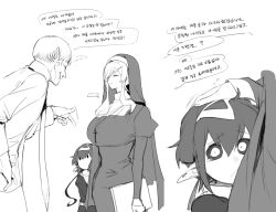 1girl 2boys angry black_sclera breasts child coif colored_sclera constricted_pupils cross cross_necklace demon_boy doppel_(bonnypir) habit hand_on_another&#039;s_head huge_breasts jewelry juliet_sleeves korean_text latin_cross long_pointy_ears long_sleeves multiple_boys necklace nun original pointy_ears priest puffy_sleeves speech_bubble traditional_nun