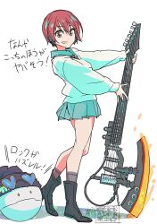 1girl amate_yuzuriha aqua_eyes aqua_shirt aqua_skirt axe_guitar barefoot beanie black_hat breasts commentary_request electric_guitar eyewear_on_headwear green_shorts guitar gundam gundam_gquuuuuux haro hat heart heart-shaped_eyewear heat_hawk highres holding instrument long_sleeves looking_at_viewer necktie open_mouth red_hair school_uniform shirt short_hair shorts simple_background skirt smile sunglasses supe_(yuusyasupepen) sweater translation_request white_background