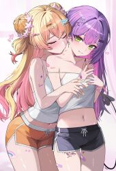 2girls =_hair_ornament absurdres alternate_costume bandaid bandaid_on_arm bandaid_on_leg bare_shoulders black_nails black_shorts blonde_hair camisole character_name closed_eyes colored_inner_hair commentary crossed_bangs demon_girl demon_tail dolphin_shorts double-parted_bangs double_bun flower gradient_hair green_eyes green_nails grin hair_between_eyes hair_bun hair_flower hair_ornament hairclip highres hololive hug hug_from_behind kiss kissing_neck kkato leg_tattoo long_hair looking_at_viewer loungewear midriff momosuzu_nene multicolored_hair multicolored_nails multiple_girls nail_polish navel navel_piercing orange_shorts piercing pink_hair purple_hair purple_nails short_shorts shorts side_up_bun smile strap_slip tail tail_ornament tail_piercing tattoo thigh_gap tokoyami_towa two_side_up virtual_youtuber white_camisole winged_heart_tattoo yellow_nails yuri