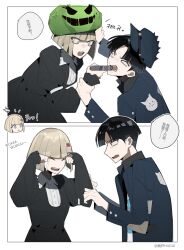 Rule 34 | 2koma, black dress, black hair, blue eyes, blue jacket, bob cut, border, chinese text, closed eyes, comic, crying, dress, highres, holding, holding marker, jacket, marker, maruko gaku, mask, mask on head, oosuzuki kurara, open mouth, red eyes, shirt, simple background, tears, teeth, the hundred line -last defense academy-, translation request, unworn mask, upper teeth only, white background, white border, white shirt
