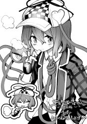 1girl =_= absurdres akimaki_yuu buttons checkered_clothes checkered_hat deerstalker disgust eyeball foul_detective_satori greyscale hat hat_ornament heart heart_button heart_hat_ornament highres holding holding_smoking_pipe jacket komeiji_satori looking_at_viewer monochrome noose open_clothes open_jacket shirt smile smoke smoking_pipe solo third_eye tongue tongue_out touhou