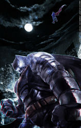 2boys armor batman batman_(series) batman_v_superman:_dawn_of_justice bruce_wayne cape city clenched_teeth dawn_of_justice dc_comics dc_extended_universe dccu double_tens floating gauntlets glowing glowing_eyes helmet highres kryptonian mask midair moon multiple_boys night night_sky power_armor sky superhero_costume superman superman_(series) teeth
