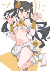 Rule 34 | 1girl, absurdres, aged down, black hair, breasts, collarbone, duel monster, earrings, flower hairband, highres, jewelry, leg warmers, medium breasts, nail polish, navel, official alternate costume, official alternate hairstyle, ohime the manifested mikanko, simple background, skirt, solo, stomach, suppermonikax, toenail polish, toenails, twintails, white background, white leg warmers, white skirt, yellow eyes, yu-gi-oh!
