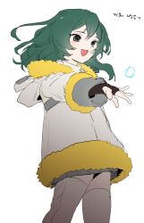 1girl absurdres fingerless_gloves gloves green_eyes green_hair hand_up happy highres hood long_hair lt_unicorn mabinogi miniskirt skirt smile tanilliem_(mabinogi) thighhighs