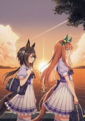 2girls animal_ears back_bow bag blunt_bangs blunt_tresses bow bowtie brown_hair closed_eyes clothing_cutout commentary cowboy_shot dusk ear_covers feather_hair_ornament feathers green_eyes grin hair_between_eyes hair_ornament hair_tubes hairband highres hime_cut holding holding_bag horse_ears horse_girl horse_tail long_hair low_ponytail mare_ma mountainous_horizon multiple_girls ocean orange_hair pleated_skirt ponytail puffy_short_sleeves puffy_sleeves purple_bow purple_bowtie purple_shirt sailor_collar sailor_shirt school_bag school_uniform shirt short_sleeves shoulder_bag sidelocks silence_suzuka_(umamusume) single_hair_tube skirt smile stay_gold_(umamusume) striped_clothes striped_hairband summer_uniform sunset tail tail_through_clothes thighhighs tracen_school_uniform umamusume white_hairband white_sailor_collar white_skirt white_thighhighs