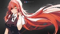 1girl abstract_background absurdres black_background black_dress blush breasts commentary dress english_commentary floating_hair hair_between_eyes hand_on_own_shoulder highres holding hwa_ryun instagram_logo instagram_username knowname long_hair looking_at_viewer medium_breasts neck_ribbon one_eye_covered parted_lips puffy_short_sleeves puffy_sleeves red_eyes red_hair red_ribbon ribbon shirt short_sleeves sidelocks solo tower_of_god twitter_logo twitter_username upper_body white_shirt
