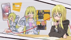 1girl alternate_costume black-framed_eyewear black_hoodie blonde_hair blush braid brushing_teeth closed_mouth commentary cookie_(touhou) cup english_commentary glasses grey_hoodie highres holding holding_cup holding_toothbrush hood hood_down hoodie kirisame_marisa long_hair multiple_views mushroomsucy open_mouth semi-rimless_eyewear shirt side_braid single_braid t-shirt table toothbrush toothbrush_in_mouth under-rim_eyewear upper_body uzuki_(cookie) waking_up white_background white_shirt yawning yellow_eyes