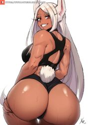 Rule 34 | 1girl, :d, animal ears, ass, back, back cutout, bare shoulders, black one-piece swimsuit, boku no hero academia, breasts, clothing cutout, commentary, dark-skinned female, dark skin, english commentary, from behind, hand on own ass, highres, huge ass, large breasts, long eyelashes, long hair, looking at viewer, looking back, mirko, one-piece swimsuit, open mouth, parted bangs, patreon username, rabbit ears, rabbit girl, rabbit tail, red eyes, signature, smile, solo, sweat, swimsuit, tail, tail through clothes, thigh gap, thighs, toned, toned female, very long hair, wedgie, white hair, wide hips, xhaart