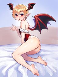 1girl absurdres alternate_hair_color ass bare_shoulders barefoot blonde_hair blush breasts darkstalkers demon_girl demon_wings fang head_wings highres leotard lilith_(darkstalkers) looking_at_viewer open_mouth red_eyes red_leotard short_hair small_breasts smile solo watcher_hollow wings