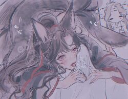 2boys ahoge animal_ears black_hair black_hanfu black_nails blush breath brown_hair bulge chibi chibi_inset chinese_clothes covered_penis erection erection_under_clothes eyelashes fellatio fingernails fox_boy fox_ears fox_tail hair_ribbon hanfu heart heart-shaped_pupils highres kemonomimi_mode kitsune kyuubi lan_wangji licking long_hair long_sleeves looking_at_viewer lying male_focus modao_zushi multiple_boys multiple_tails nail_polish ojisan_rbt on_bed on_stomach open_mouth oral ponytail pov pov_crotch purple_eyes red_ribbon ribbon robe sharp_fingernails sidelocks solo_focus symbol-shaped_pupils tail tongue tongue_out twitter_username watermark wei_wuxian white_hanfu wide_sleeves yaoi