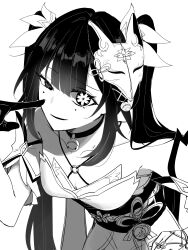 1girl absurdres bell black_choker butterfly-shaped_pupils choker flower-shaped_pupils fox_mask gloves haikure_3 highres honkai:_star_rail honkai_(series) mark_under_both_eyes mask mask_on_head neck_bell single_glove solo sparkle_(honkai:_star_rail) symbol-shaped_pupils