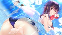 3girls ;d absurdres ass bikini black_hair blue_bikini blue_sky breasts brown_hair character_request dutch_angle from_behind grin highres holding innertube kou_mashiro large_breasts looking_at_viewer looking_back medium_hair multiple_girls ocean one_eye_closed open_mouth outdoors partially_submerged purple_hair red_eyes seifuku_kanojo short_hair side-tie_bikini_bottom sky smile solo_focus swim_ring swimsuit wet