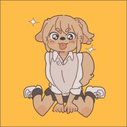 1girl animal_ears animated animated_gif black_skirt black_socks blinking brown_fur commentary dog_ears dog_girl dog_tail full_body furry furry_female looking_at_viewer looping_animation orange_background original shirt simple_background sitting skirt socks solo sweater_vest tail tail_wagging tongue tongue_out wariza white_footwear white_shirt yagi_(mike_no_hito)