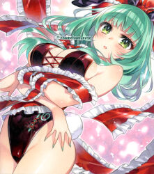 1girl animal_ears bow breasts chacham cleavage dutch_angle fake_animal_ears fake_tail front_ponytail green_eyes green_hair kagiyama_hina large_breasts leotard looking_at_viewer marker_(medium) red_bow red_ribbon ribbon solo strapless strapless_leotard tail touhou traditional_media