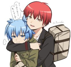 ... 2boys :d :i ahoge akabane_karma ansatsu_kyoushitsu bag black_jacket blue_eyes blue_hair coat collarbone duffel_bag duffel_coat green_coat hair_between_eyes hand_on_another&#039;s_shoulder highres holding_strap hug hug_from_behind hunched_over jacket jitome light_blue_hair looking_at_viewer multiple_boys official_style open_mouth orange_eyes pizarrokun red_hair shiota_nagisa shirt short_hair short_twintails shoulder_bag simple_background smile spoken_ellipsis sweatdrop toggles twintails twitter_username upper_body white_background white_shirt