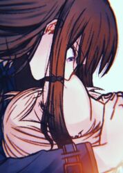 2girls black_hair blonde_hair blue_background closed_mouth commentary_request hand_on_another&#039;s_neck imminent_kiss inoue_takina kiss kumabehaso long_hair lycoris_recoil multiple_girls nishikigi_chisato purple_eyes simple_background upside-down_kiss yuri