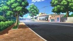 blue_sky brick_road bush cloud cloudy_sky day door grocery_store highres lamppost no_humans non-web_source official_art our_life:_beginnings_and_always outdoors power_lines recycle_bin road scenery shadow sky street trash_can tree variant_set vending_machine