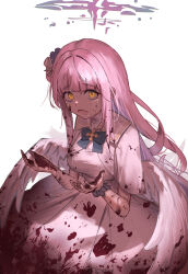 1girl 3ni3ni blood blood_on_clothes blood_on_face blood_on_hands blue_archive blue_bow blue_capelet bow capelet crying crying_with_eyes_open dress feathered_wings flower hair_bun hair_flower hair_ornament hair_scrunchie highres long_hair looking_at_viewer mika_(blue_archive) pink_hair purple_flower purple_scrunchie scrunchie sidelocks single_side_bun solo streaming_tears tears white_dress white_scrunchie wings wrist_scrunchie yellow_eyes