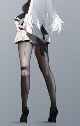Rule 34 | 1girl, absurdres, ass, black jacket, black pantyhose, black shoes, breasts, from behind, grey background, hand on own hip, high heels, highres, jacket, large breasts, long hair, lower body, lx6483724, pantyhose, shoes, skirt, solo, standing, white hair, white skirt, yixuan (trails of ink) (zenless zone zero), yixuan (zenless zone zero), zenless zone zero