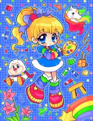 1girl 2000s_(style) animification antennae blonde_hair blue_bow blue_dress blue_eyes blush_stickers boots bow child colorful commentary creature cyber_fashion dress flower gingham_background hair_bow heisei_retro high_ponytail highres holding holding_paint_palette holding_paintbrush horse long_hair looking_at_viewer oceaninspace paint_palette paintbrush ponytail rainbow_brite rainbow_brite_(character) shooting_star solo_focus star_(symbol) starlite_(rainbow_brite) twink_(rainbow_brite)