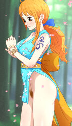 1girl absurdres bare_arms bare_legs bare_shoulders blue_bow blue_kimono blush bow bracelet breasts brown_eyes cleavage collarbone cowboy_shot earrings female_pubic_hair floral_print floral_print_kimono highres japanese_clothes jewelry kimono log_pose long_hair nami_(one_piece) nami_(one_piece)_(wano) noxdsa obi one_piece orange_hair parted_lips petals print_kimono pubic_hair sash short_kimono shoulder_tattoo sleeveless sleeveless_kimono solo sweat tattoo