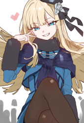 1girl absurdres beret black_hat blonde_hair blue_eyes blue_jacket breasts brown_pantyhose crossed_legs ebora fate_(series) flower fur_collar grey_flower grey_rose grin hat highres jacket long_hair long_sleeves looking_at_viewer lord_el-melloi_ii_case_files non-web_source pantyhose reines_el-melloi_archisorte rose small_breasts smile solo