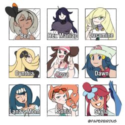 6+girls :p aether_foundation bea_(pokemon) beanie blonde_hair blue_eyes blue_hair blush breasts brown_hair character_name closed_eyes creatures_(company) cynthia_(pokemon) dawn_(pokemon) double_bun dress eyewear_on_head finger_gun food game_freak gloves green_eyes grey_eyes grey_hair gym_leader hair_bun hair_ornament hand_up hands_up hat heart heart_hair_ornament hex_maniac_(pokemon) lab_coat lana&#039;s_mother_(pokemon) long_hair looking_at_viewer lusamine_(pokemon) multiple_girls nintendo npc_trainer one_eye_closed orange_hair paperbirdus pocky pokemon pokemon_(anime) pokemon_bw pokemon_bw2 pokemon_dppt pokemon_sm pokemon_sm_(anime) pokemon_swsh pokemon_xy ponytail rain red_hair rosa_(pokemon) side_ponytail skyla_(pokemon) sleeveless sleeveless_dress smile sonia_(pokemon) sunglasses teeth tongue tongue_out twitter_username v v-shaped_eyebrows very_long_hair visor_cap white_background