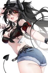 1girl absurdres armband baseball_cap black_hair black_horns blue_shorts breasts commission demon_girl demon_horns demon_tail drawinggranny eyewear_on_headwear hair_between_eyes hair_ornament hat highres horns indie_virtual_youtuber lanyard long_hair multicolored_hair open_mouth red_armband red_hair short_shorts shorts solo streaked_hair sunglasses tail vanilluu_(vtuber) vgen_commission virtual_youtuber watch wristwatch