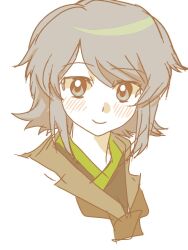 1other androgynous ascot bingkuaihei black_kimono blush brown_ascot brown_coat closed_mouth coat collared_coat cropped_shoulders grey_eyes grey_hair happy houlen_yabusame japanese_clothes kimono lapels len&#039;en looking_at_viewer medium_hair notched_lapels other_focus sidelocks smile solo swept_bangs