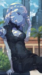 1girl arm_up asagi1111 belt black_pants blunt_ends breasts cleavage commentary_request highres large_breasts medium_hair murderess_(xenoblade_x) outdoors palm_tree pants purple_eyes sitting solo tree white_hair xenoblade_chronicles_(series) xenoblade_chronicles_x