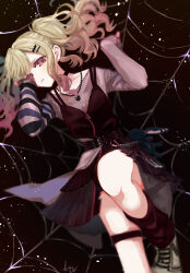 Rule 34 | 1girl, asymmetrical sleeves, belt, blonde hair, chain, chain belt, chain necklace, commentary, dress, gradient hair, hair ornament, hairclip, hand up, highres, jewelry, knee up, ktori, layered clothes, long hair, long sleeves, loose socks, lying, multicolored hair, necklace, no seek no find (project sekai), on back, parted lips, pendant, pink eyes, project sekai, safety pin, shirt under dress, shoes, silk, single sock, sleeveless, sleeveless dress, sleeves past wrists, sneakers, socks, solo, spider web, striped clothes, striped sleeves, striped socks, tenma saki, thigh strap, twintails, zipper