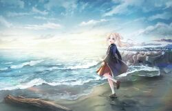 1girl :d beach black_coat blonde_hair blue_eyes blue_hair blue_sky brown_dress brown_shoes cloud coat collared_coat dress fang flower footprints game_cg gradient_hair hair_flower hair_ornament hasu_no_sora_school_uniform highres leg_up light_blue_hair link!_like!_love_live! loafers long_hair long_sleeves looking_at_viewer looking_back love_live! medium_dress multicolored_hair official_art open_clothes open_coat open_mouth osawa_rurino parted_bangs pink_flower pleated_dress school_uniform shoes sky smile socks solo standing standing_on_one_leg sunrise third-party_source twintails virtual_youtuber white_flower white_socks winter_uniform