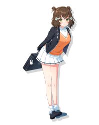 1girl arms_behind_back bag brown_hair closed_mouth double_bun full_body green_eyes hair_bun hair_ornament highres jacket looking_at_viewer official_art pleated_skirt shiromaru_mito skirt smile socks solo standing transparent_background white_skirt world_dai_star