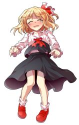1girl alphes_(style) ascot black_dress black_vest blonde_hair blouse blush closed_eyes collar collared_shirt commentary_request crying dairi dress fang frilled_collar frilled_sleeves frills full_body hair_ribbon large_variant_set long_sleeves mary_janes open_mouth parody red_ascot red_ribbon red_shoes ribbon rumia sad shirt shoes socks solo style_parody tachi-e touhou transparent_background two-tone_ribbon variant_set vest white_ribbon white_sleeves white_socks white_trim