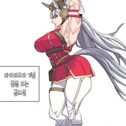 1girl animal_ears armband arms_behind_head arms_up artist_request belt_pouch blunt_bangs boots bow buttons cowboy_shot double-breasted dress ear_bow ear_covers from_side gold_ship_(umamusume) horse_ears horse_girl horse_tail knee_boots korean_text leggings long_hair muscular muscular_female o-ring pillbox_hat pink_eyes pouch red_dress sleeveless sleeveless_dress solo tail umamusume white_background white_hair white_leggings