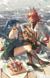 2girls absurdres ahoge alternate_costume ambience_synesthesia animal animal_ears antenna_hair arknights arm_rest artist_name bandana bandana_around_neck bandeau bare_legs bare_shoulders belt_buckle bird bird_ears bird_girl bird_tail birthday_cake black_bandana black_choker black_gloves black_halo black_horns black_nails black_pants black_shorts black_tail black_wings blanket blue_eyes blue_feathers blue_hair blurry blurry_background blurry_foreground boots bracelet breasts bright_pupils brown_footwear bubble buckle buttoned_cuffs buttons cake can chain chain_necklace cherry chest_tattoo chinese_commentary chinese_text chocolate chocolate_cake choker cleavage cola collarbone commentary_request dark_halo day demon_horns demon_tail depth_of_field dessert detached_wings dog_tags drink drink_can ear_piercing earclip earrings energy_wings extra_ears eye_contact eyelashes fallen_angel feather_earrings feathers fiammetta_(arknights) fingernails floating_hair food from_above from_side fruit full_body gloves green_hood green_jacket grey_jacket grin guitar hair_between_eyes halo hand_up happy_birthday hat highres holding holding_can holding_drink holding_guitar holding_instrument hood hood_down hooded_jacket horns instrument jacket jewelry knee_boots knees leg_up legs lips long_hair long_sleeves long_tail looking_at_another looking_to_the_side luren_max macaron medium_hair midriff_peek mostima_(arknights) multiple_girls music nail_polish necklace ocean off_shoulder official_alternate_costume on_ground open_clothes open_jacket outdoors pants parted_lips picnic pier piercing playing playing_instrument ponytail profile red_eyes red_hair red_tail seagull shade shadow shirt shirt_tucked_in short_shorts shorts single_bare_shoulder single_glove single_off_shoulder sitting sitting_sideways sleeve_cuffs sleeveless sleeveless_shirt small_breasts smile soda_can straight_hair suspenders swept_bangs tail tattoo teeth thighs tray unworn_headwear v-neck water watermark weibo_watermark weibo_watermark white_bandeau white_headwear white_pupils white_shirt wings yuri