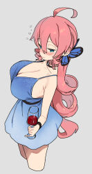 1girl absurdres alcohol bad_id bad_twitter_id bare_shoulders blue_eyes blush breasts butterfly_hair_ornament cleavage commentary cup dress drinking_glass english_commentary hair_ornament highres large_breasts long_hair looking_at_viewer magister original pink_hair solo wine wine_glass