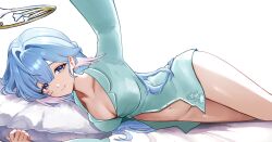 Rule 34 | 1girl, blue eyes, blue hair, blue nightgown, bottomless, breasts, cleavage, commentary, commentary request, english commentary, halo, head wings, highres, honkai: star rail, honkai (series), k3 uddo019, large breasts, long hair, looking at viewer, lying, midriff, mixed-language commentary, navel, nightgown, on bed, on side, pillow, robin (honkai: star rail), simple background, smile, solo, white background, wings