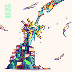 boat chromatic_aberration dated disembodied_hand english_text feathers gloves glowing iwse_zhang moss original pier planted planted_sword planted_weapon rock rowboat simple_background still_life sword watermark weapon weibo_username weibo_watermark white_background windmill yellow_gloves