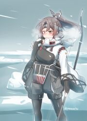 1girl 702_(naotsu) absurdres arrow_(projectile) black_gloves black_thighhighs blush bow bow_(weapon) brown_hair closed_mouth commentary_request day gloves gm_cold_districts_type grey_hakama gundam gundam_0080 hachimaki hair_between_eyes hair_ribbon hakama hakama_shorts headband highres holding holding_weapon japanese_clothes kantai_collection kimono long_hair muneate outdoors partially_fingerless_gloves ponytail ribbon scarf shorts snow snowing solo thighhighs twitter_username weapon white_kimono white_scarf wide_sleeves zuihou_(kancolle)