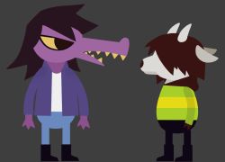 1girl 1other animal_ears brown_hair colored_sclera colored_skin colored_teeth crossover deltarune furry goat_ears goddamn_it_kris_(meme) horns kris_(deltarune) meme night_in_the_woods pcktknife simple_background susie_(deltarune) yellow_sclera yellow_teeth