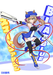 1girl 2008 absurdres animal_ears ankle_boots aonoji armpits beret black_thighhighs blazblue blue_boots bolverk boots breasts brown_eyes brown_hair character_name checkered_ribbon copyright_name cosplay detached_sleeves dual_wielding ears_through_headwear full_body gloves gun hair_between_eyes hair_ribbon hat highres holding holding_gun holding_weapon horse_ears horse_girl horse_tail medium_breasts medium_hair necktie noel_vermillion noel_vermillion_(cosplay) red_necktie ribbon smart_falcon_(umamusume) solo tail thighhighs twintails umamusume weapon white_gloves zettai_ryouiki