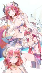 1girl ;d absurdres adjusting_hair aqua_eyes bare_shoulders black_horns blue_skirt breasts cleavage cocoballking commentary detached_sleeves eating fake_horns food genshin_impact grin harem_outfit highres holding holding_food holding_popsicle horns long_hair long_sleeves low_twintails medium_breasts multiple_views navel nilou_(genshin_impact) one_eye_closed open_mouth popsicle red_hair sitting skirt smile splashing twintails veil water white_background white_sleeves white_veil