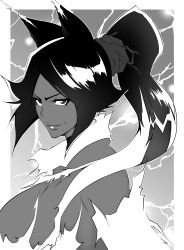 1girl absurdres black_hair bleach breasts dark-skinned_female dark_skin electricity electrokinesis female_focus hair_ears hair_ornament highres kirameku_mizu large_breasts lips long_hair monochrome ponytail shihouin_yoruichi upper_body