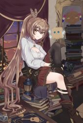 1girl absurdres acoustic_guitar ahoge ankle_boots asymmetrical_legwear belt book book_stack boots breasts brown_corset brown_eyes brown_hair chahanramen cleavage cleavage_cutout clothing_cutout cloud cloudy_sky corset crossed_bangs curtains drawing_(object) e.t. e.t._(character) feather_hair_ornament feathers friend_(nanashi_mumei) gloves guitar hair_ornament hairclip highres hololive hololive_english hugging_own_legs indoors inkwell instrument knee_strap kneehighs lantern long_hair looking_at_viewer medium_breasts multicolored_hair nanashi_mumei nanashi_mumei&#039;s_horror_painting nanashi_mumei_(1st_costume) paper partially_fingerless_gloves picture_frame pleated_skirt ponytail pouch quill red_skirt runes scroll shirt single_kneehigh single_sock single_thighhigh sitting skirt sky smile socks streaked_hair table thighhighs tree tsukumo_sana twilight very_long_hair virtual_youtuber white_shirt window