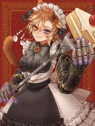 Rule 34 | 1girl, animal ears, black bow, black dress, blonde hair, blue eyes, bow, cake, cake slice, cat ears, cat girl, cat tail, cherry, commentary request, commission, cowboy shot, dress, facial mark, final fantasy, final fantasy xiv, food, fork, frilled dress, frills, fruit, gauntlets, glowing, gradient hair, heterochromia, holding, holding fork, kuro11 222, looking at viewer, looking to the side, maid headdress, miqo&#039;te, multicolored hair, orange eyes, orange hair, partial commentary, red background, short hair, skeb commission, slit pupils, smile, solo, tail, two-tone dress, warrior of light (ff14), watermark, whisker markings, white dress