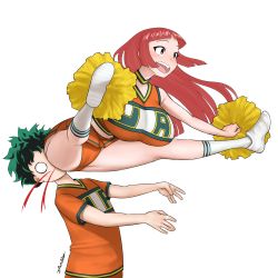 Rule 34 | 1boy, 1girl, absurdres, aki-chan (dismaiden), artist name, blood, blunt bangs, blunt ends, boku no hero academia, cameltoe, cheerleader, choker, commentary, dismaiden, english commentary, face in ass, floating hair, foreshortening, green hair, groin tendon, highres, hip attack, holding, holding pom poms, looking to the side, midoriya izuku, no pupils, nosebleed, open mouth, orange shirt, orange skirt, pleated skirt, pom pom (cheerleading), pom poms, shirt, shoes, short sleeves, simple background, skirt, smile, sneakers, socks, spread legs, teeth, thighs, tongue, u.a. cheerleader uniform, upper body, upper teeth only, white footwear, wide spread legs